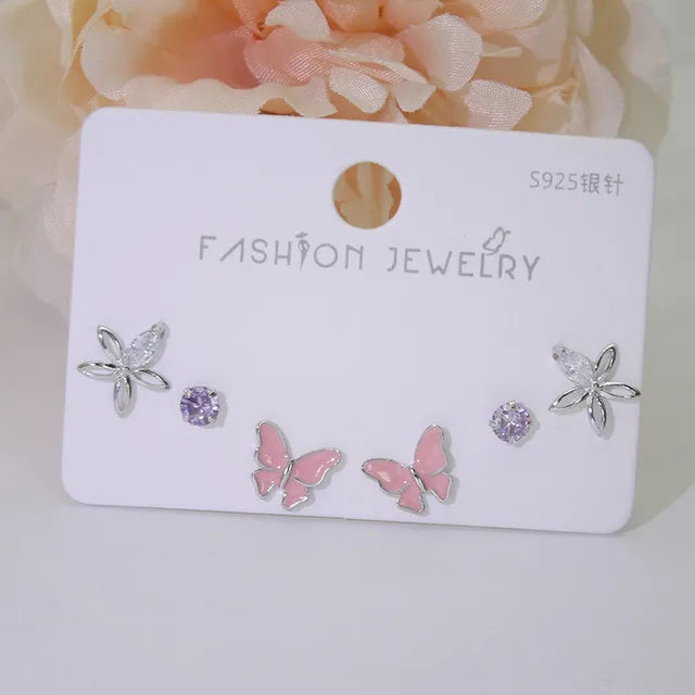 32 Styles 3 Pairs/Set Butterfly Cubic Zirconia Heart Bowknot Stud Earring Set For Women Girls Jewelry Valentine&#39;S Day