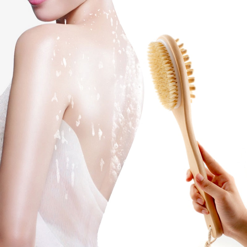 35Cm 2-In-1 Sided Natural Bristles Brush Scrubber Long Handle Wooden Spa Shower Brush Bath Body Massage Brushes Back Easy Clean
