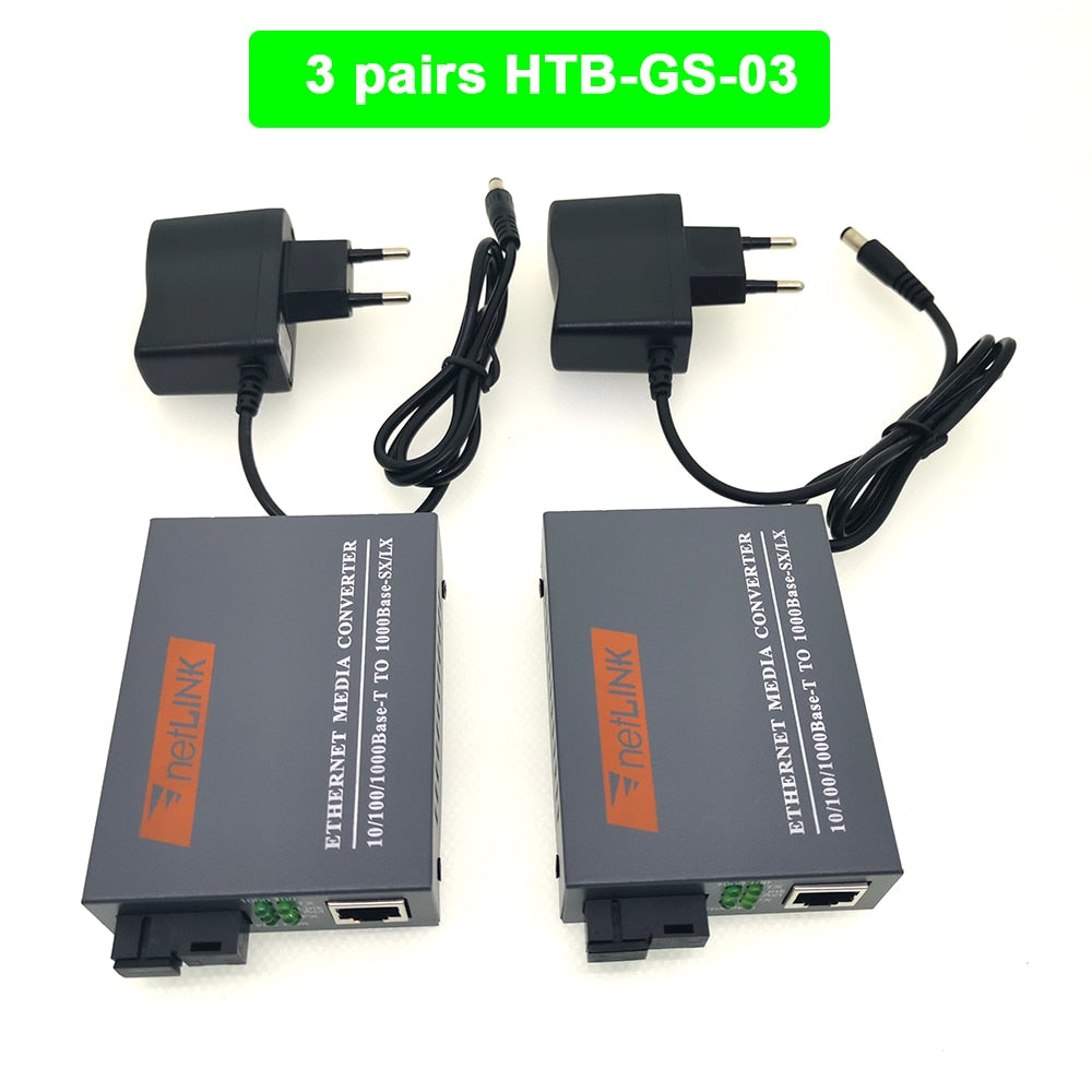 3Pairs Htb-Gs-03 Gigabit Fiber Optical Media Converter 10/100/1000Mbps  Single Mode Single Fiber Sc Port Mini Power Supply