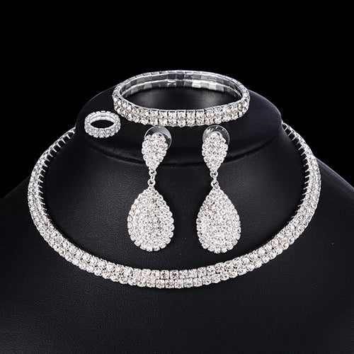 4 Pcs Luxury Wedding Bridal Jewelry Sets For Brides Women Necklace Bracelet Ring Earring Set Elastic Rope Crystal Jewelry