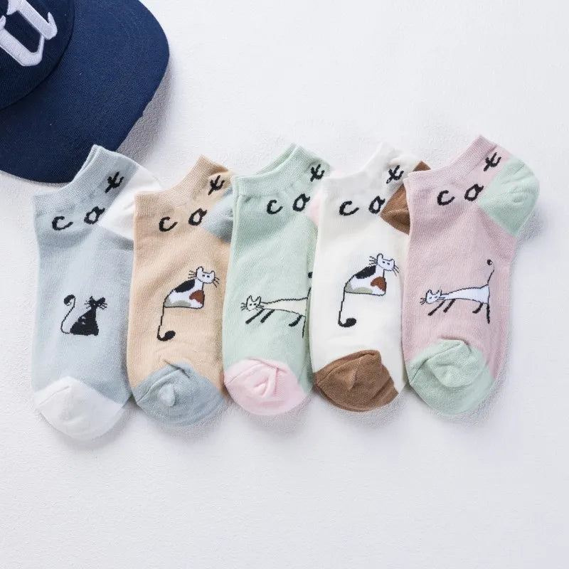 5 Pairs Casual Cotton Women Socks Ankle Lot Cartoon Cute Bear Cat Print Low Cut Fashion Sports Animal Heart Kawaii Slippers Set