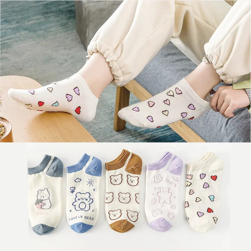 5 Pairs Casual Cotton Women Socks Ankle Lot Cartoon Cute Bear Cat Print Low Cut Fashion Sports Animal Heart Kawaii Slippers Set