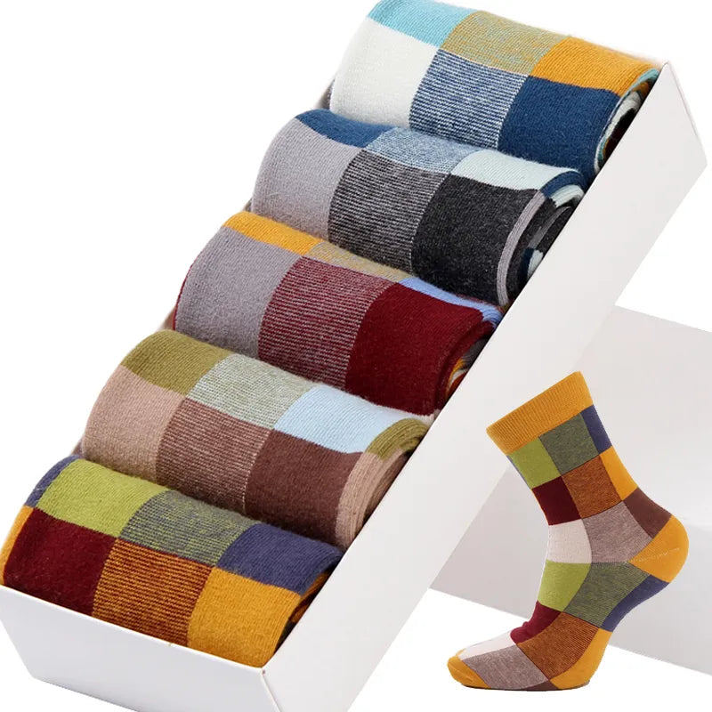 5 Pairs/Lot Combed Cotton Men&#39;S Socks Compression Socks Fashion Colorful Square Happy Dress Socks Men Size 39-45