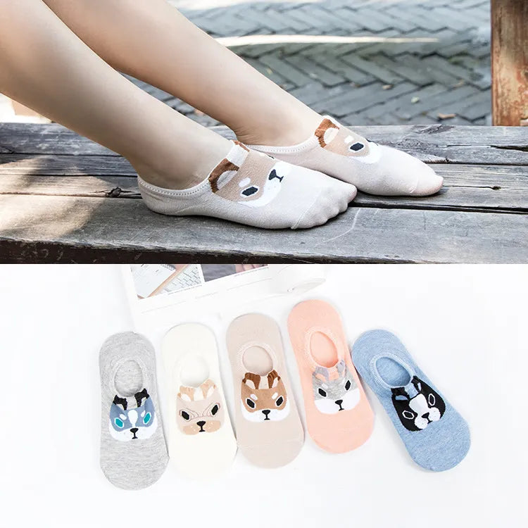 5 Pairs Lot Cotton Women Socks Female Casual Boat Pack Cartoon Harajuku Unicron Cat Cute Invisiable Funny Girl Ankle Slipper Set