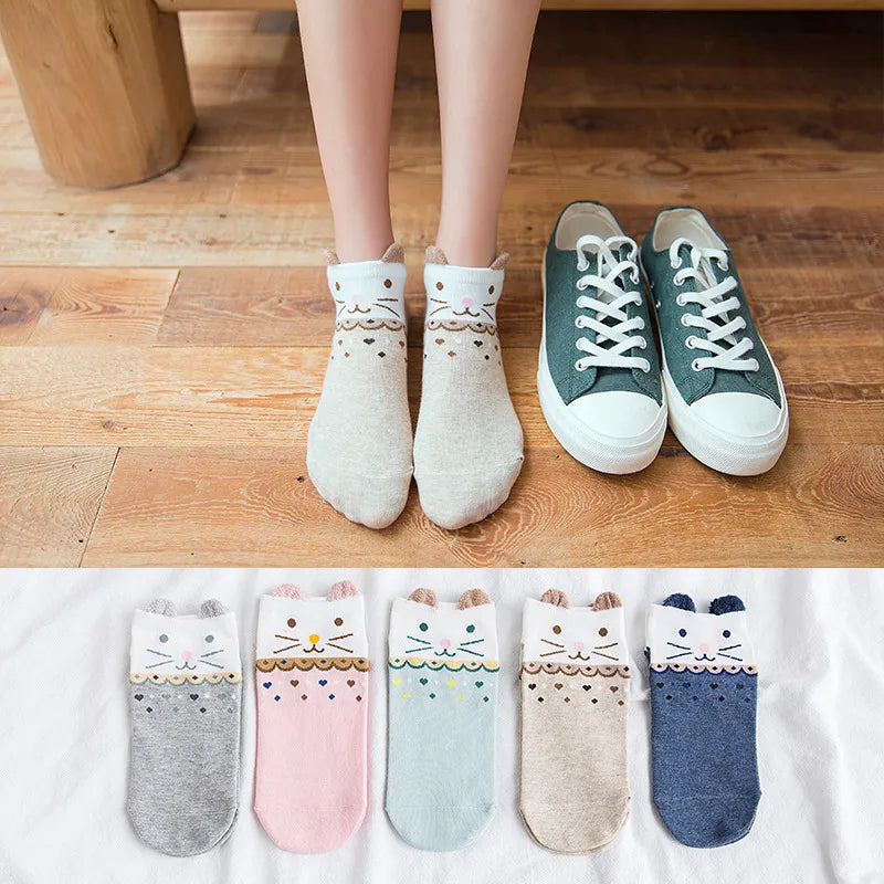 5 Pairs Lot Cotton Women Socks Female Casual Boat Pack Cartoon Harajuku Unicron Cat Cute Invisiable Funny Girl Ankle Slipper Set