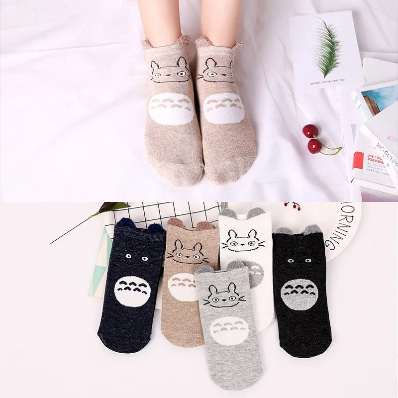 5 Pairs Lot Cotton Women Socks Female Casual Boat Pack Cartoon Harajuku Unicron Cat Cute Invisiable Funny Girl Ankle Slipper Set