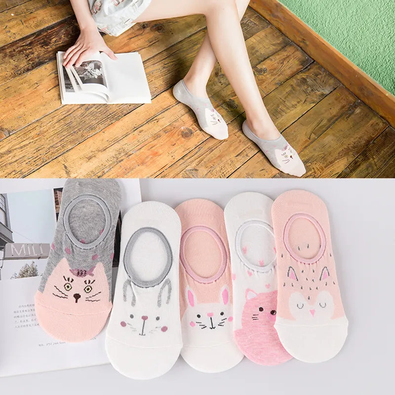 5 Pairs Lot Cotton Women Socks Female Casual Boat Pack Cartoon Harajuku Unicron Cat Cute Invisiable Funny Girl Ankle Slipper Set