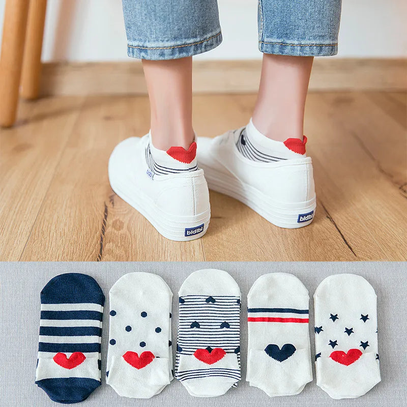 5 Pairs Lot Cotton Women Socks Female Casual Boat Pack Cartoon Harajuku Unicron Cat Cute Invisiable Funny Girl Ankle Slipper Set