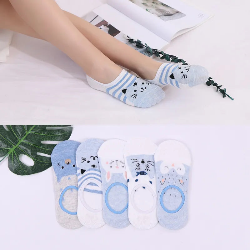 5 Pairs Lot Cotton Women Socks Female Casual Boat Pack Cartoon Harajuku Unicron Cat Cute Invisiable Funny Girl Ankle Slipper Set