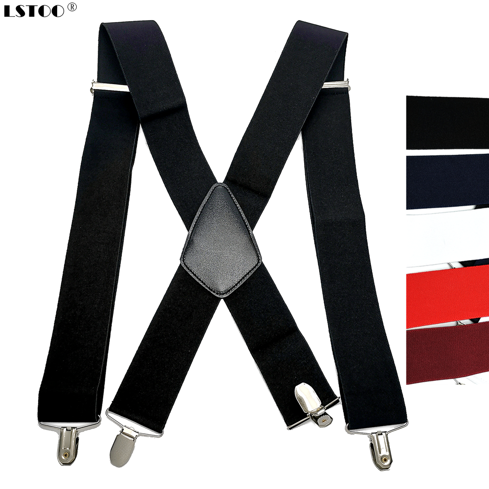 50Mm Wide Elastic Adjustable Men Suspenders X Back Suspender Leather Cross 4 Strong Protect Clips Hold Up Pants Worker Braces