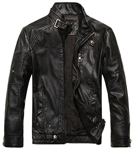 Chouyatou Men's Vintage Stand Collar Pu Leather Jacket (Medium, Black ...