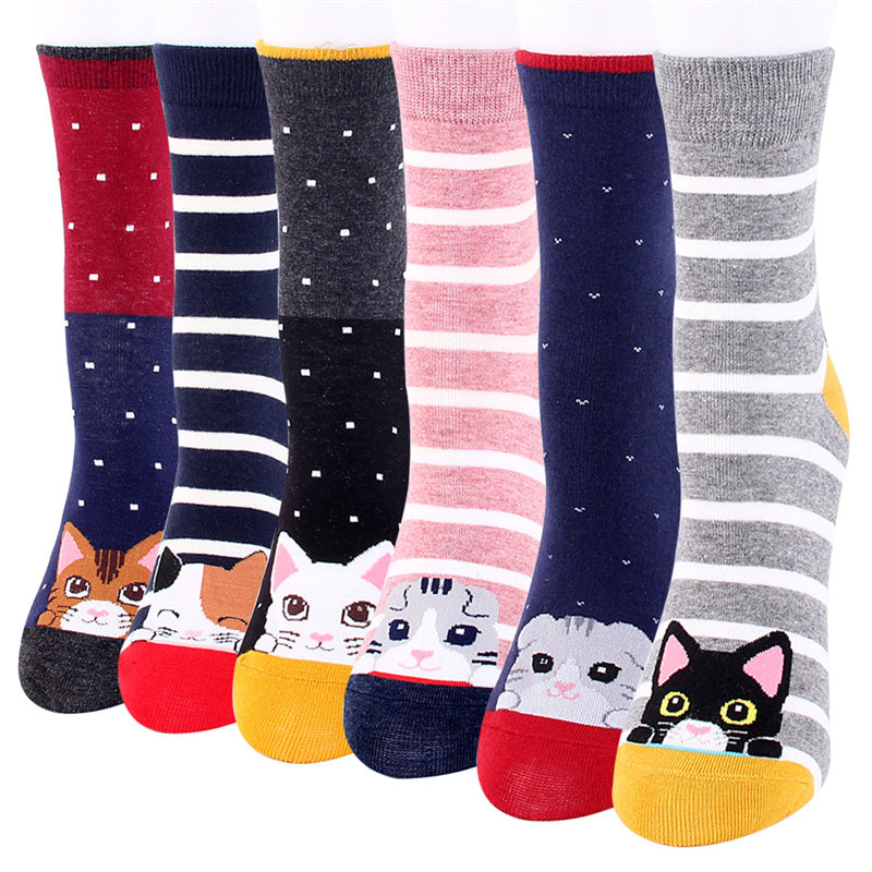 5Pairs Women'S Cotton Cartoon Socks Autumn Winter Colorful Cute Cat Striped Female Ladies Kawaii Animal Tube Socks