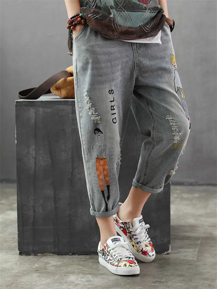 6859 New Fashion Korea Style Vintage Hole Girl Embroidery Ankle-Length Denim Jeans Female Casual Loose Harem Pant Trousers Cloth