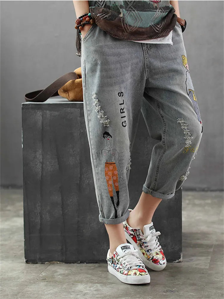6859 New Fashion Korea Style Vintage Hole Girl Embroidery Ankle-Length Denim Jeans Female Casual Loose Harem Pant Trousers Cloth