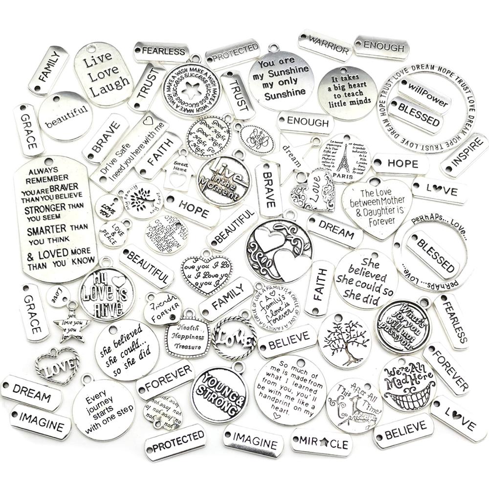 80Pcs Inspiration Word Charms Pendants Engraved Motivational Charms Pendants For Diy Necklaces Bracelets Bangles Jewelry Making