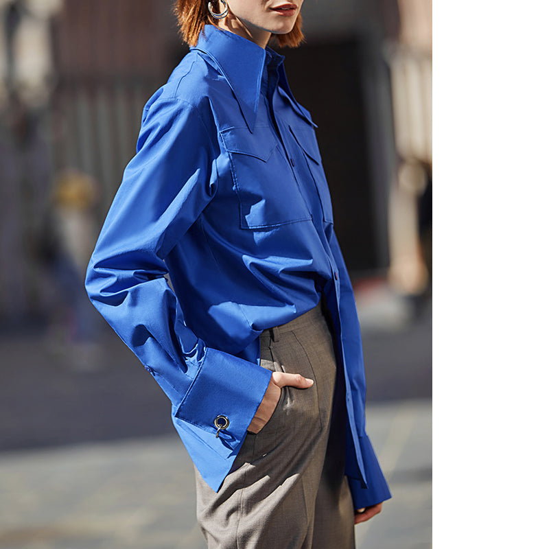 Ael Royal Blue Shirt Women Lapel Blouse Feminina Fashion Safari Style Spring Summer Top Clothing Loose Plus Size New