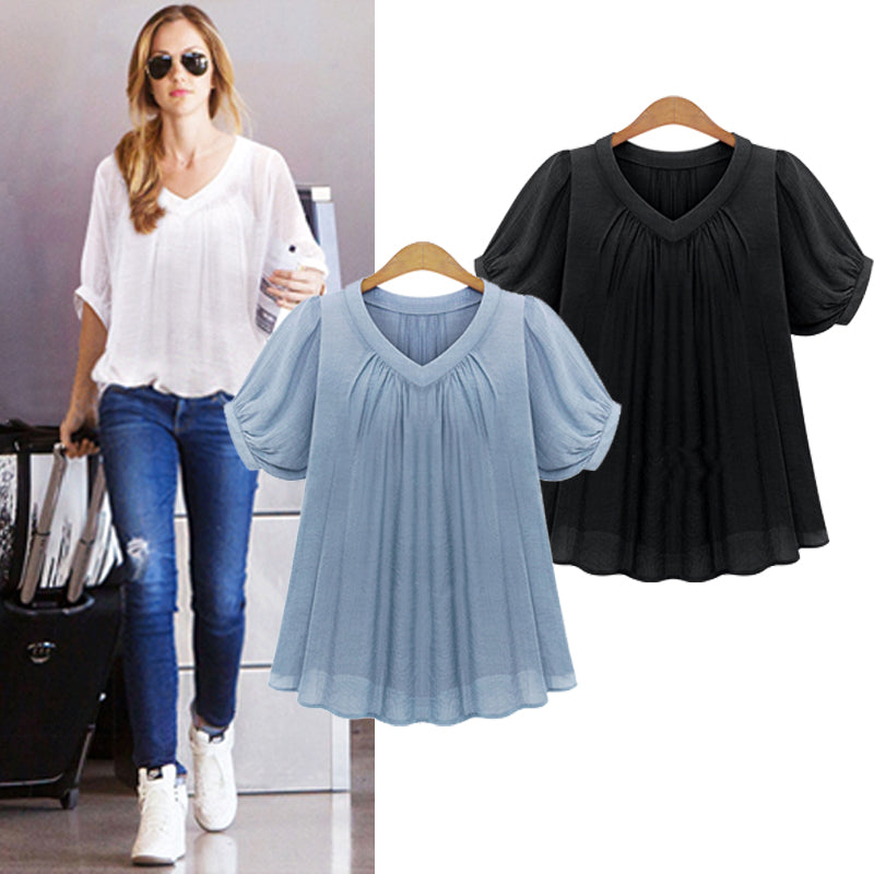 Arealna Summer Fashion Shirt Women Tops Short Sleeves Pleat Chiffon Blouse Loose Women Blouses Oversized Xl-5Xl Blusas Femininas