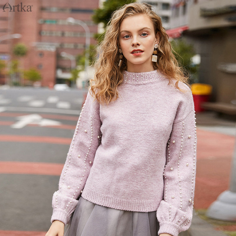 Artka 2019 Autumn Winter New Women Sweater Vintage Bead Lantern Sleeve Knitted Sweaters O-Neck Pullover Mohair Sweater Yb15493Q