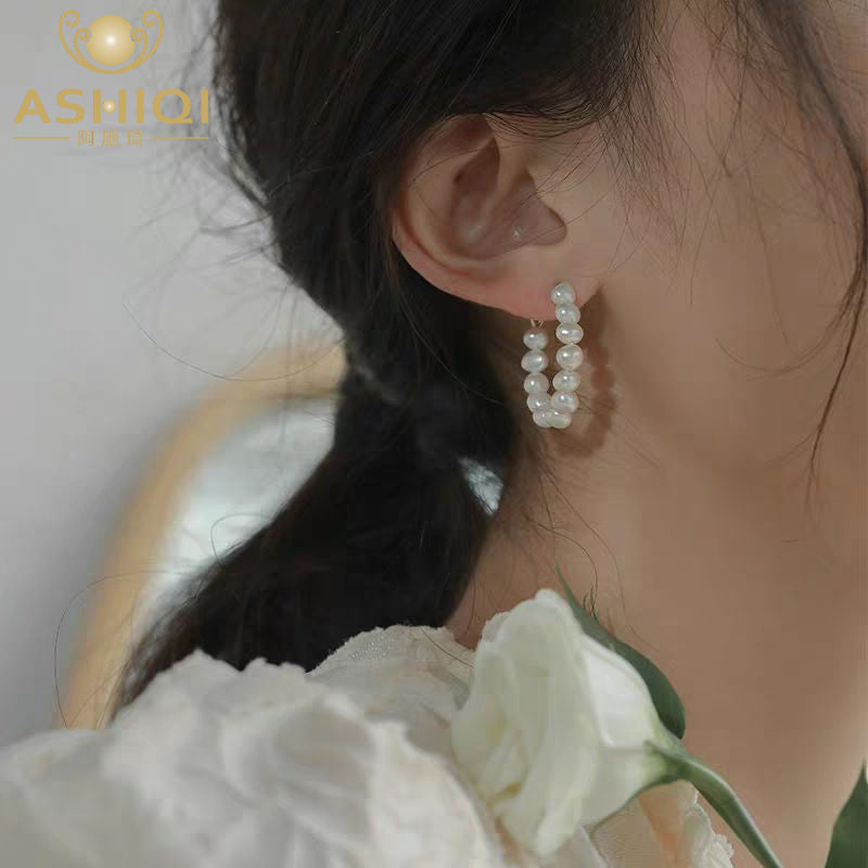 Ashiqi Natural Freshwater Pearl Baroque Circle Hoop Earrings 925 Sterling Silver Fashion Korean Jewelry For Women Trendy
