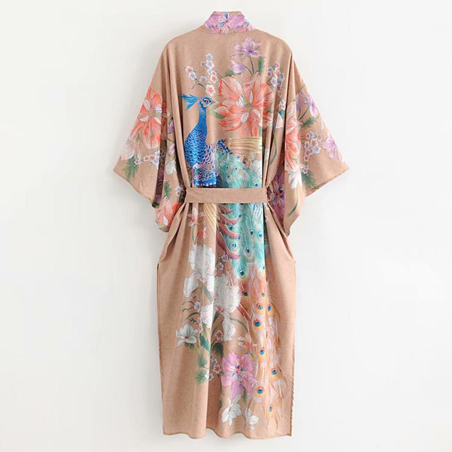 Ayualin Kimono Sleeve Robe Kaftan Khaki Floral Print Boho Cardigan Sexy Side Slits Gypsy Beach Summer Long Women Blouses Blusas