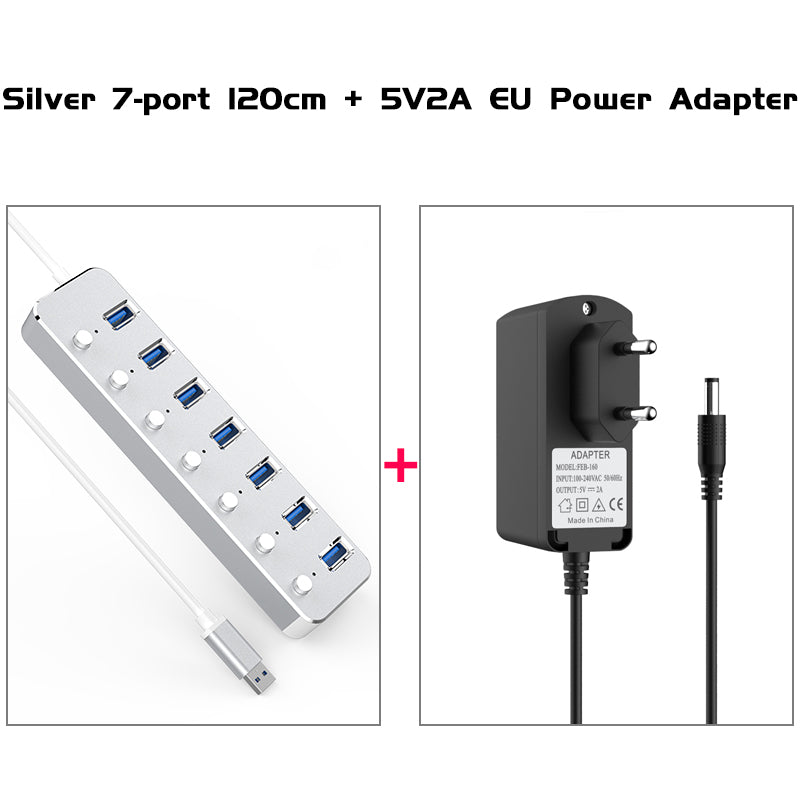 Aluminum Alloy 4 / 7 Ports Usb 3.0 Hub Sub-Control Switch Hub 60/120Cm Cable Upto 5Gbps Splitter With Ce Certified Eu Charger