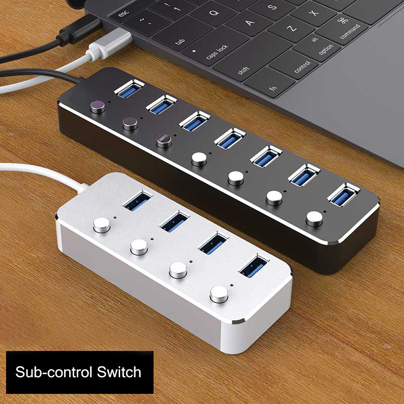 Aluminum Alloy 4 / 7 Ports Usb 3.0 Hub Sub-Control Switch Hub 60/120Cm Cable Upto 5Gbps Splitter With Ce Certified Eu Charger