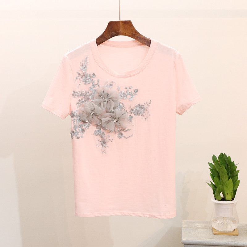 Amolapha Women 3D Flower T-Shirts Jeans Sets Appliques Embroidery Tshirts+Holes Jeans Pants Costumes Suits