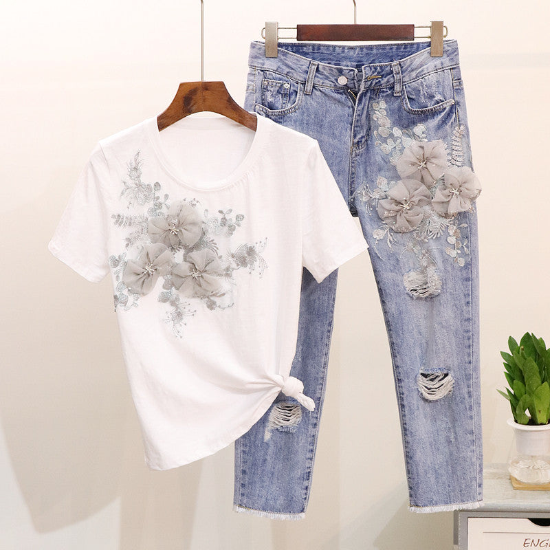 Amolapha Women 3D Flower T-Shirts Jeans Sets Appliques Embroidery Tshirts+Holes Jeans Pants Costumes Suits