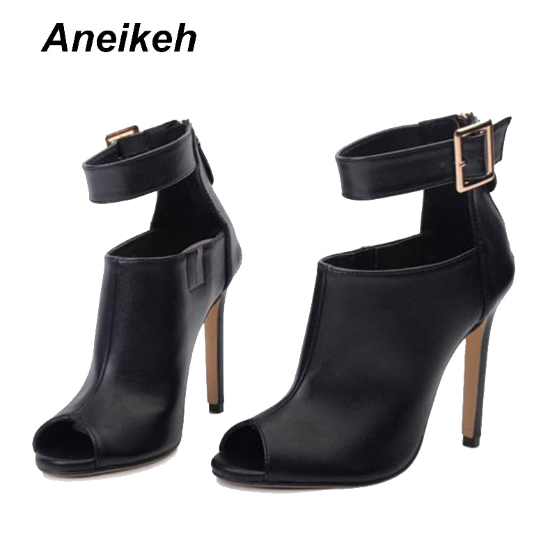 Aneikeh Gladiator Women Pumps Ladies Sexy Buckle Strap Roman High Heels Open Toe Sandals Party Wedding Shoes Size 41 42 Black
