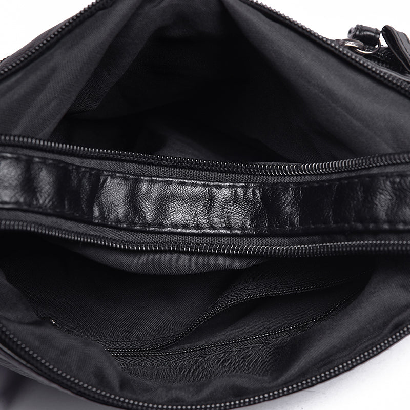 Annmouler Fashion Women Crossbody Bag Black Soft Washed Leather Shoulder Bag Patchwork Messenger Bag Small Flap Bag For Girls