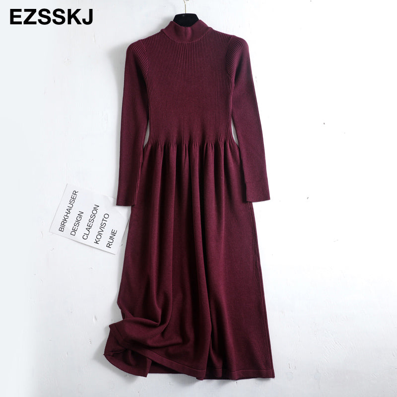 Autumn Winter Knit Long Dress Women Casual O-Neck Slim Bodycon Robe Sweater Dresses Office Lady  Thick Maix Dress