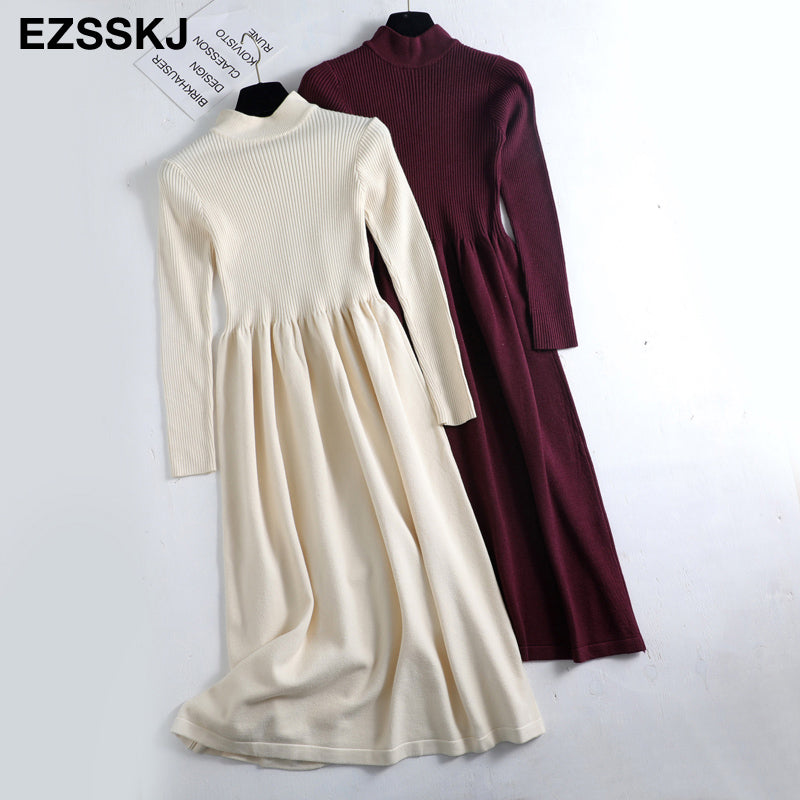 Autumn Winter Knit Long Dress Women Casual O-Neck Slim Bodycon Robe Sweater Dresses Office Lady  Thick Maix Dress