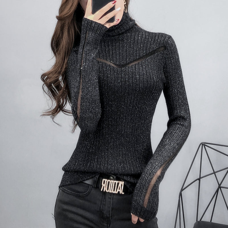 Autumn Winter Sweater Women European Clothes Sexy Shiny Patchwork Transparent Mesh Pullover Ropa Mujer Tops 2021 New M07710