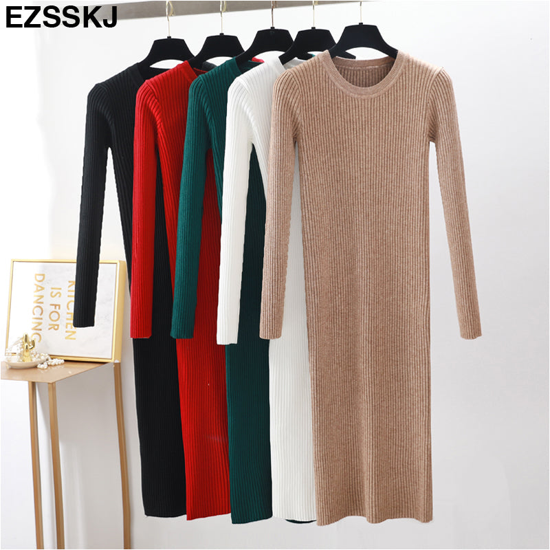 Autumn Winter Long Sweater Dress Women Solid Bodycon Thick Dress Female Jumper O-Neck Slim Basic Knit Dress Long Sleeve