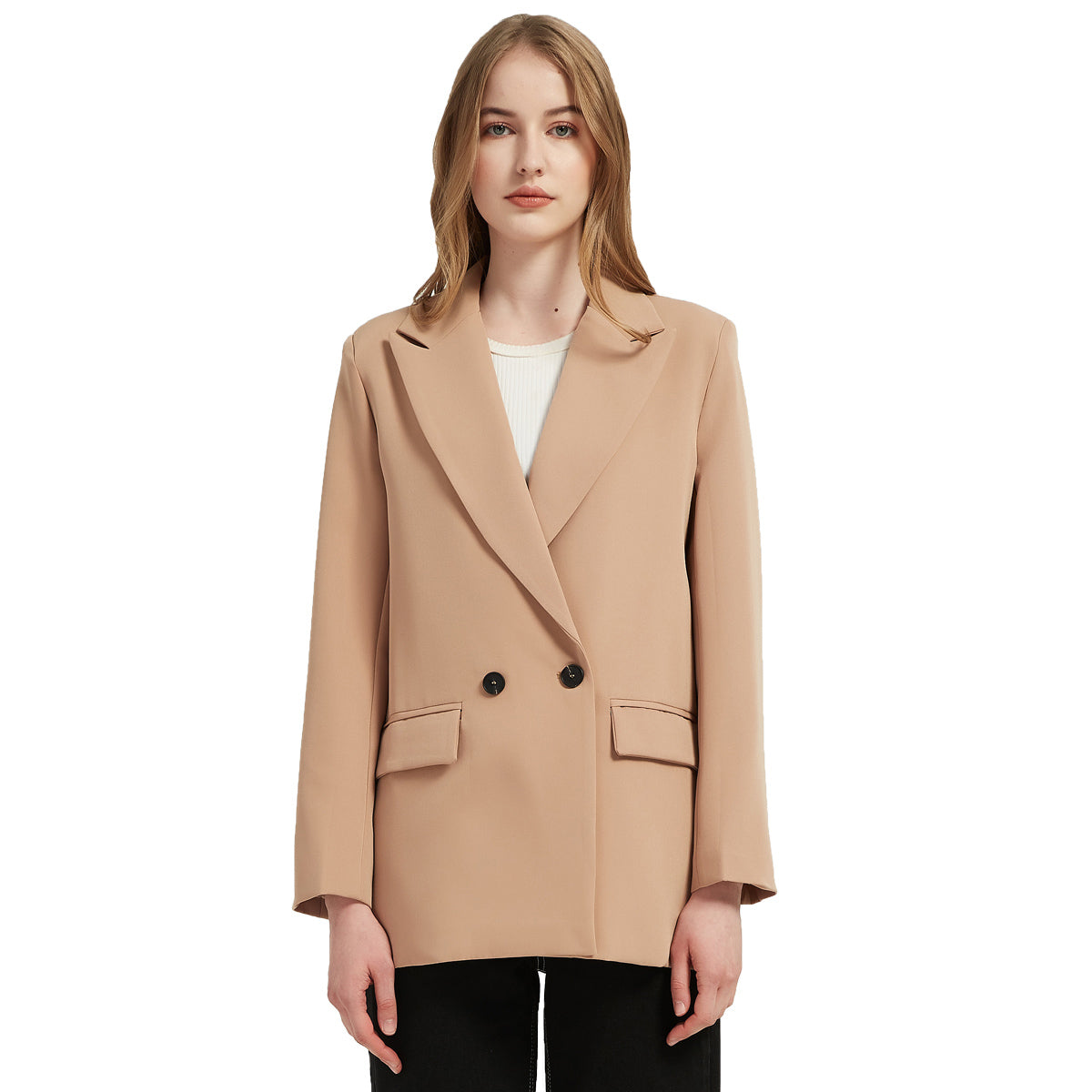 Autumn And Spring Women'S Blazer Jacket Casual Solid Color Double-Breasted Pocket Decorative Coat