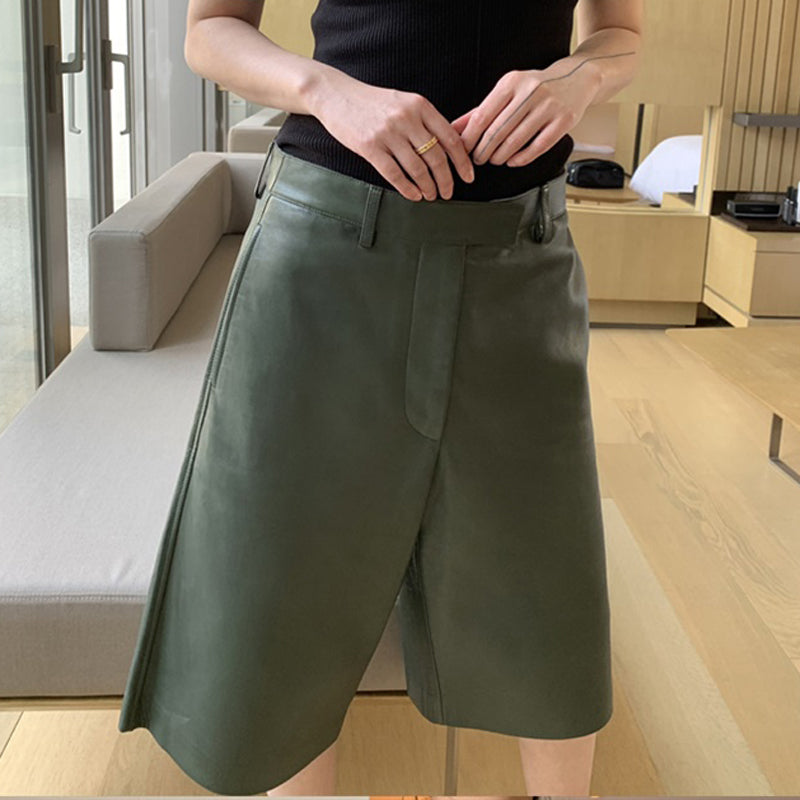 Bgteever High Waist Women Pu Leather Shorts Motorcycle Female Faux-Leather Loose Shorts Army Green Spring Summer 2022