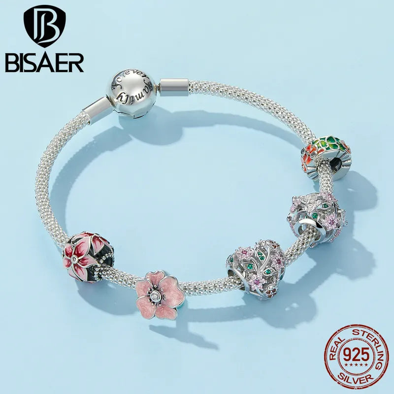 Bisaer 925 Sterling Silver Crystal Rose Flower Tulip Flower Charms Magnolia Flower Cerise Beads Fit Bracelets Diy Jewelry Making