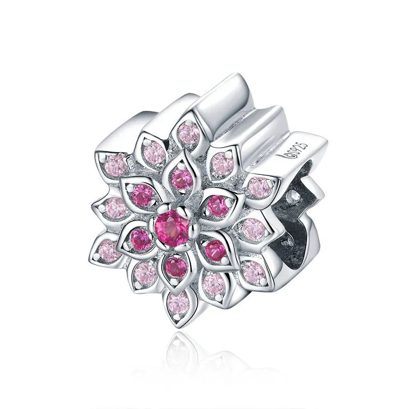 Bisaer 925 Sterling Silver Crystal Rose Flower Tulip Flower Charms Magnolia Flower Cerise Beads Fit Bracelets Diy Jewelry Making