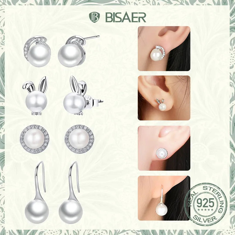 Bisaer 925 Sterling Silver Flowers Stud Earrings Animal Rabbit Butterfly Plated Platinum Earring For Women Original Fine Jewelry