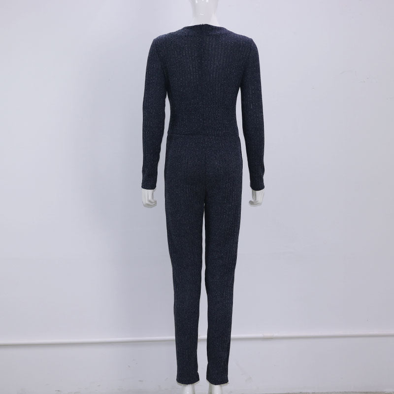 Bkld Knitted Sweater Jumpsuit For Women Sexy Female Casual V Neck Cross Bandage One Piece Slim Bodycon Long Sweater Jumpsuits