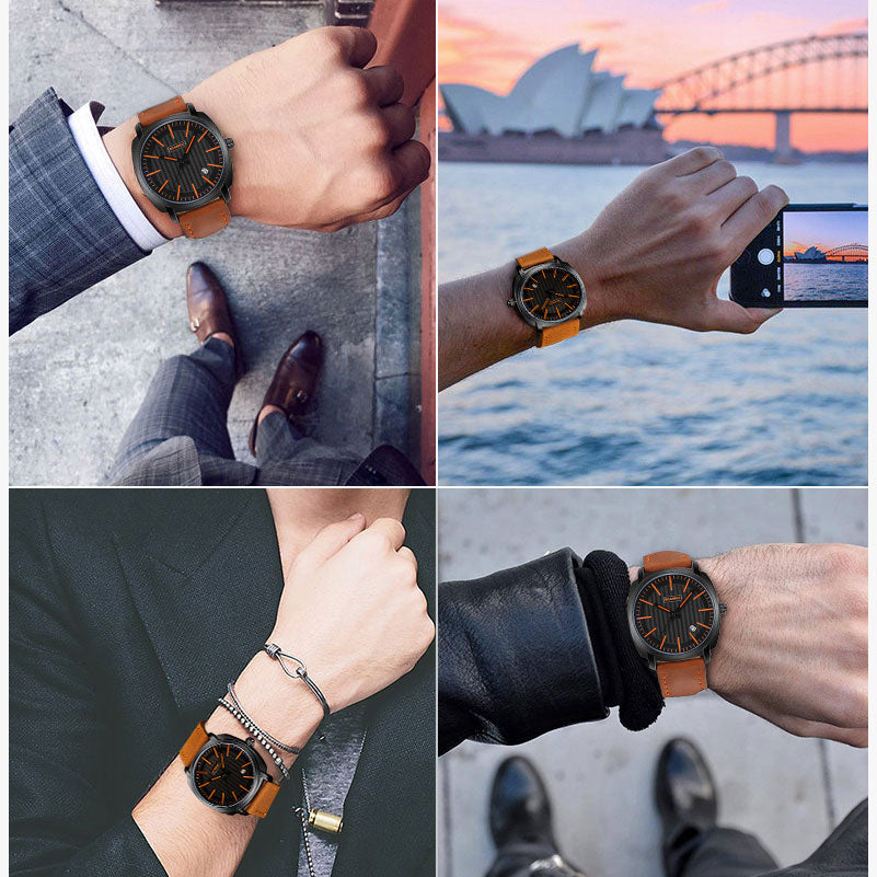 Boamigo Brand Fashion Trendy Men Watches Quality Male Quartz Watch Genuine Leather Strap Wristwatches Waterproof Date Gift Box