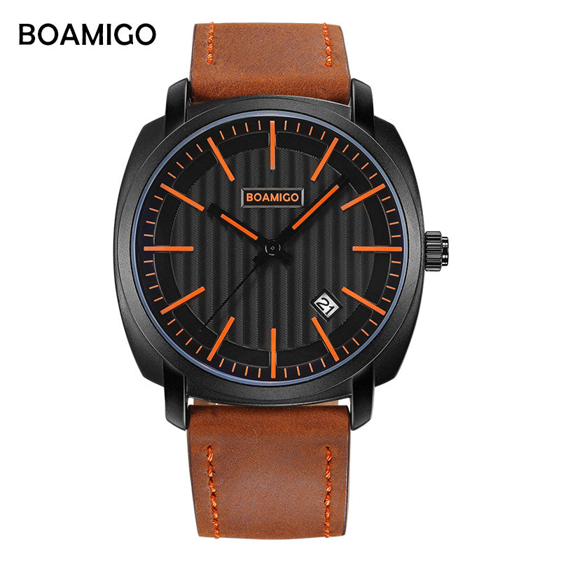 Boamigo Brand Fashion Trendy Men Watches Quality Male Quartz Watch Genuine Leather Strap Wristwatches Waterproof Date Gift Box