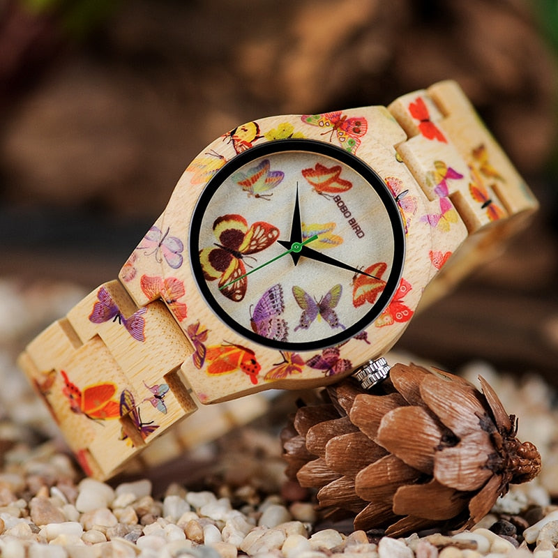 Bobo Bird Ladies Wood Watch Women Montre Femme Bamboo Band Painting Butterfly Quartz Watches In Wooden Gift Box Oem W-O20