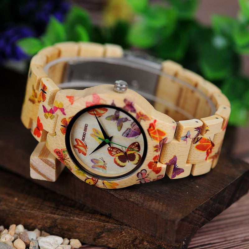 Bobo Bird O20 Butterfly Print Women Watches All Bamboo Made Quartz Wristwatch For Ladies In Wooden Gift Box