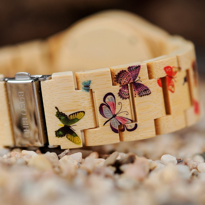 Bobo Bird O20 Butterfly Print Women Watches All Bamboo Made Quartz Wristwatch For Ladies In Wooden Gift Box