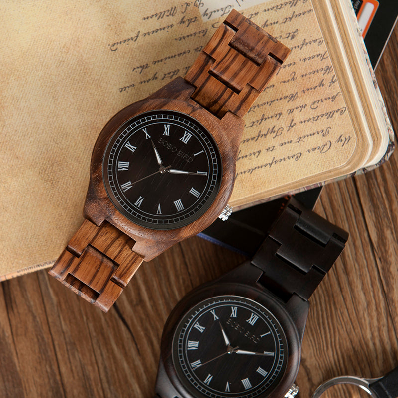 Bobo Bird Wo18O19 Wood Watch Ebony Zebra Wooden Watches For Men White Roman Number Quartz Watch With Tool For Adjusting Size