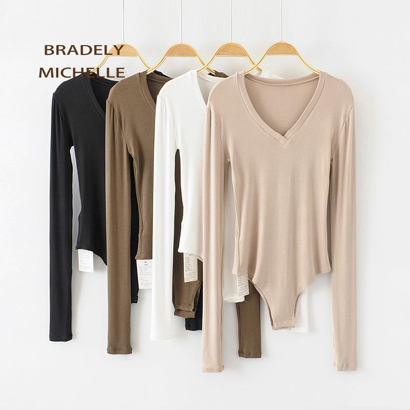 Bradely Michelle 2019 Autumn Sexy Women Slim Long Sleeve V-Neck Tops Cotton Knitted Bodysuits With Hidden Button Jumpsuis