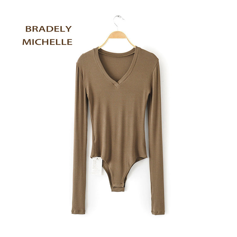 Bradely Michelle 2019 Autumn Sexy Women Slim Long Sleeve V-Neck Tops Cotton Knitted Bodysuits With Hidden Button Jumpsuis