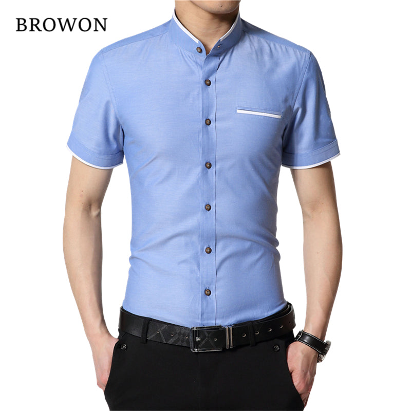 Browon Brand New Fashion Summer White Shirt Men Short Sleeve Shirt Slim Fit Stand Collar Solid Color Button Shirt For Man
