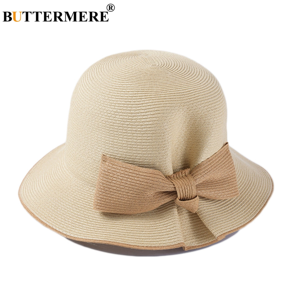 Buttermere Bucket Hat For Women Beige Straw Japanese Sun Caps Female Bow Elegant Summer Beach Uv Hat Ladies Brand Fishing Hats